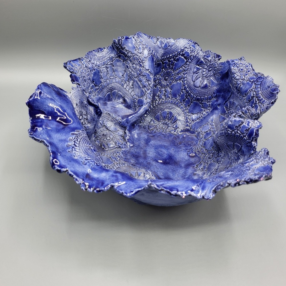 Ceramic Lace Texture Art Large Bowl Home Decor 12 in Ruffled Edge Cobalt Blue